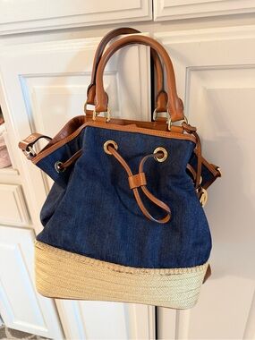 Michael Kors Denim and Tan Drawstring Bucket Bag